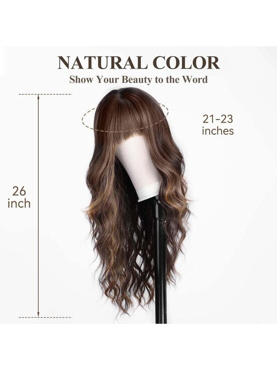 Women\'s Brown Heat Resistant Long Curly Wavy Synthetic Wig with Bangs Size 26In main image 5
